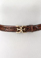 Women's Slim Textured Croc Belt with Double E Plaque Logo Buckle