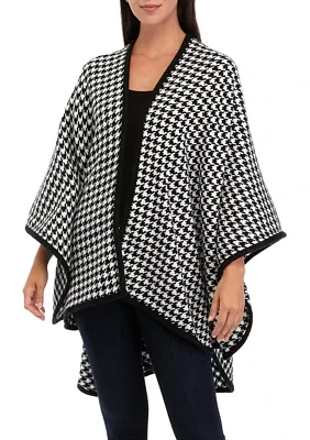 Women's Classic Houndstooth Pattern Ruana Wrap with Black Border Trim