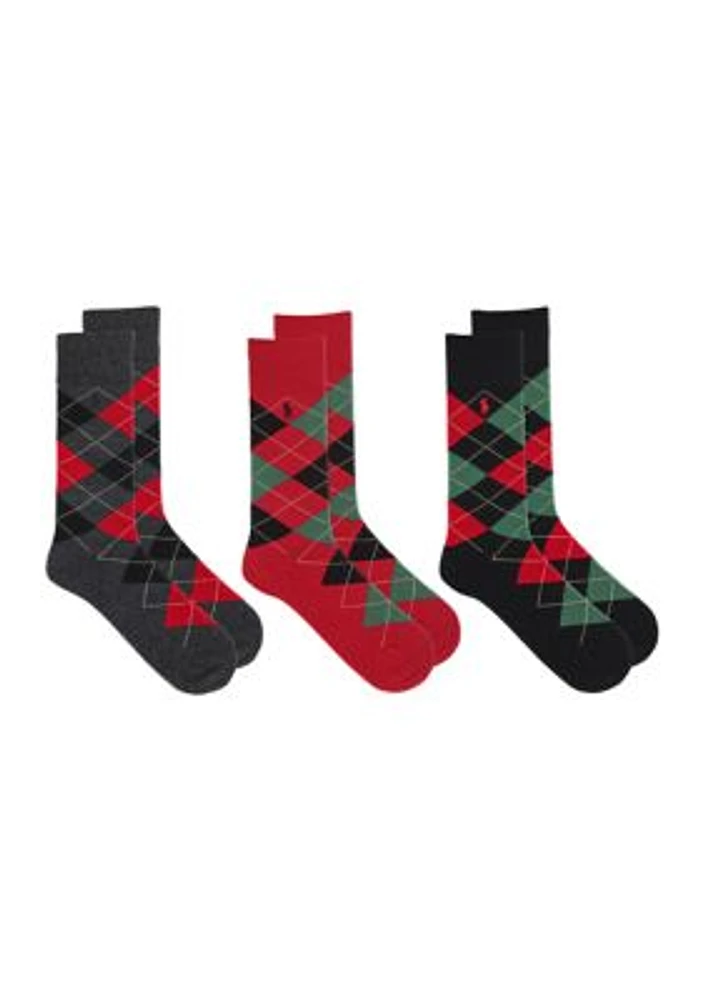 Argyle Cotton Crew Socks - 3 Pack