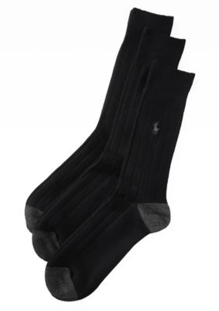 Contrast Heel and Toe Ribbed Crew Socks - 3 Pair