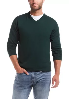 Men's Cotton Cashmere V-Neck Sweater with Internal Flannel Trim