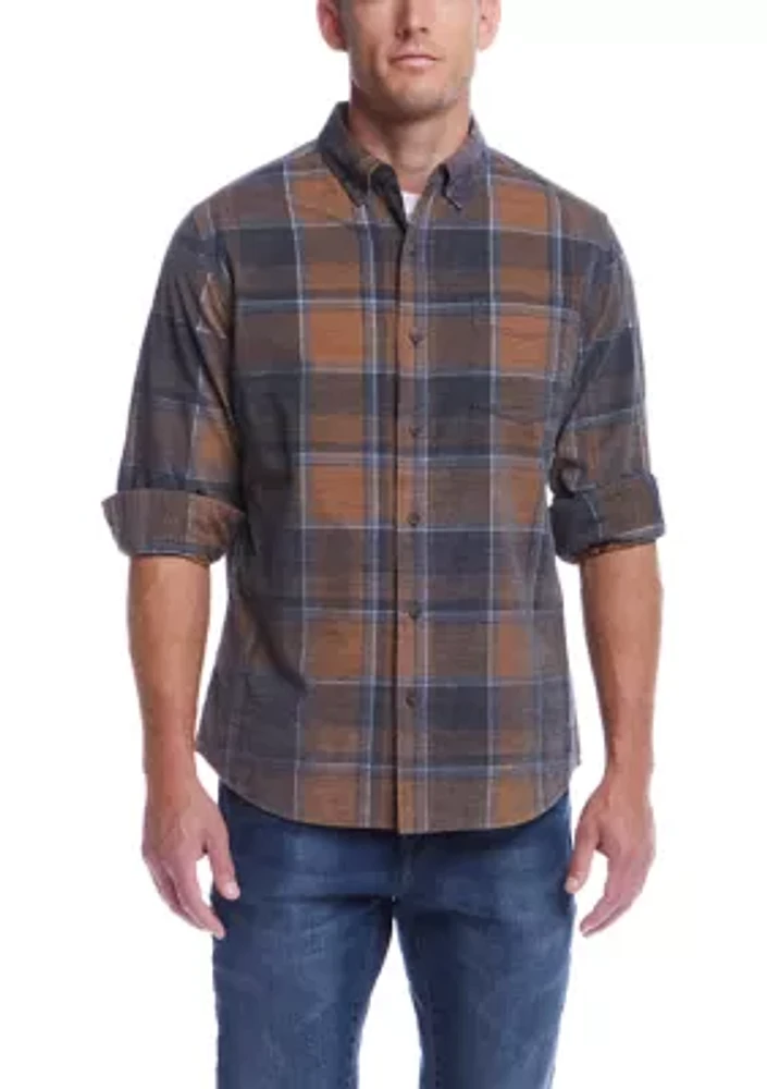 Men's Distressed Plaid Corduroy Long Sleeve Button Down Shirt