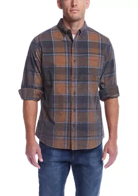 Men's Distressed Plaid Corduroy Long Sleeve Button Down Shirt