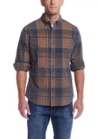 Men's Distressed Plaid Corduroy Long Sleeve Button Down Shirt