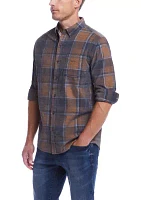 Men's Distressed Plaid Corduroy Long Sleeve Button Down Shirt