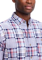 Men's Cotton Patchwork Plaid Printed Button Down Shirt