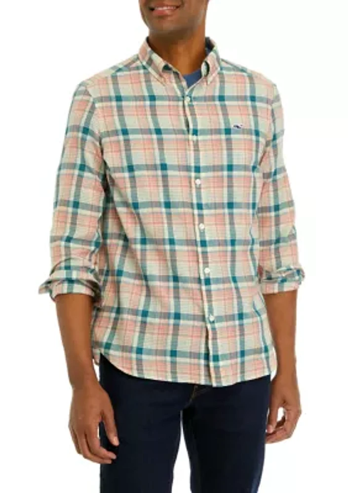 Men's Plaid Madras Whale Button Down Shirt