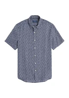 Short Sleeve Micro Leaf Linen Button Up Shirt