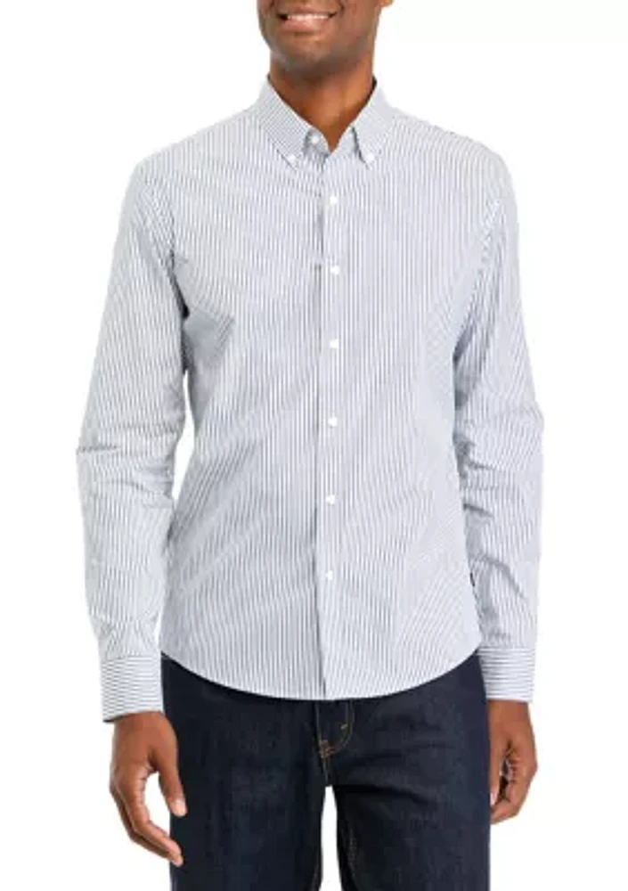 Men's Long Sleeve Woven Button Down Railroad Stripe Shirt