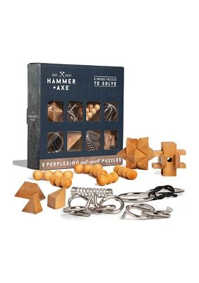 Hammer + Axe 8-Piece Toy Brain Teaser Puzzle Set, Metal and Wood, Fun IQ Test, Unlock/Interlock Magic Puzzle Ball, Brain Game Toys for Adults Children Teens