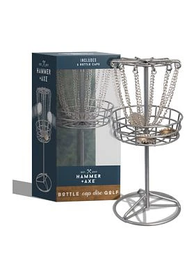 Hammer + Axe Mini Disk Golf Bottle Cap Game, Portable Outdoor Activity – Silver Chain Basket, Includes 6 Caps, Perfect for Parties, BBQs, Camping & More