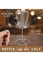 Hammer + Axe Mini Disk Golf Bottle Cap Game, Portable Outdoor Activity – Silver Chain Basket, Includes 6 Caps, Perfect for Parties, BBQs, Camping & More