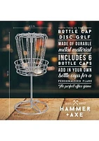 Hammer + Axe Mini Disk Golf Bottle Cap Game, Portable Outdoor Activity – Silver Chain Basket, Includes 6 Caps, Perfect for Parties, BBQs, Camping & More