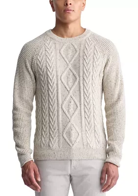 Wallaby Men’s  Nep Yarn Cable Knit Crewneck Sweater, Cream