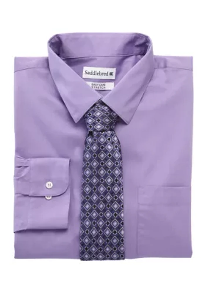 Regular Stretch 2 Piece Solid Shirt and Printed Tie Set