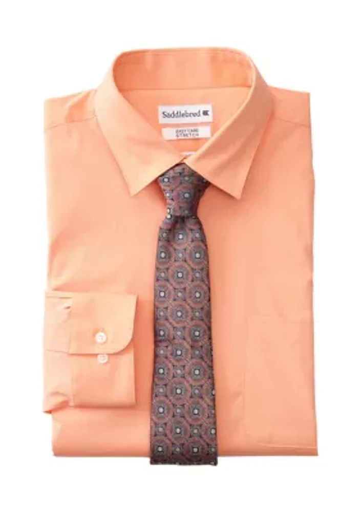 Stretch Solid Dress Shirt and Tie Set