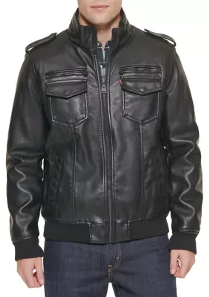 Faux Leather Stand Collar Aviator Bomber Jacket with Sherpa Lining