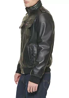 Faux Leather Stand Collar Aviator Bomber Jacket with Sherpa Lining