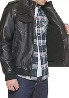 Faux Leather Stand Collar Aviator Bomber Jacket with Sherpa Lining