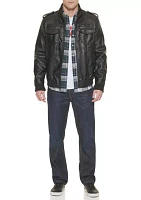 Faux Leather Stand Collar Aviator Bomber Jacket with Sherpa Lining