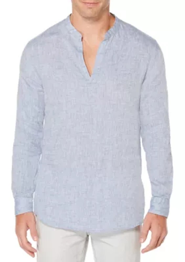 Long Sleeve Solid Linen Popover Banded Collar Shirt