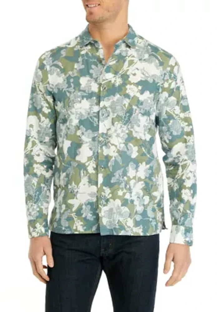 Long Sleeve Linen Floral Print Woven Button Up Shirt