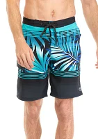 Palm Printed Striped Board Shorts