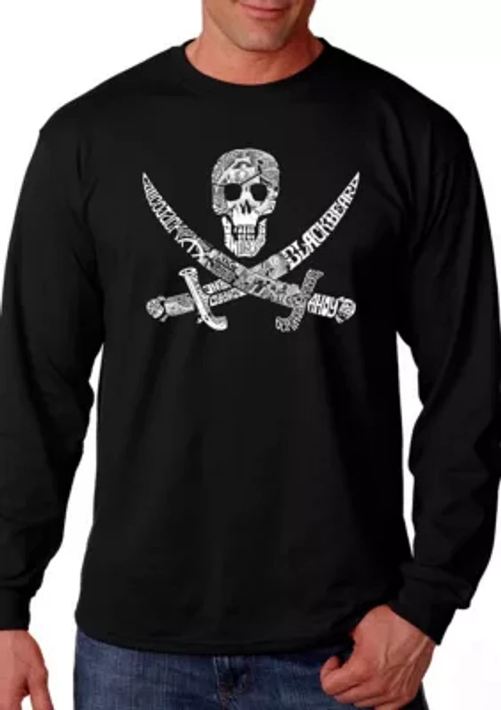 Word Art Long Sleeve Graphic T-Shirt - Pirate Captains Ships and Imagery