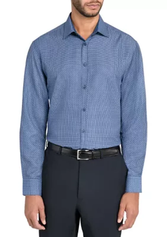 Slim Fit Navy Square Print Performance Stretch Dress Shirt