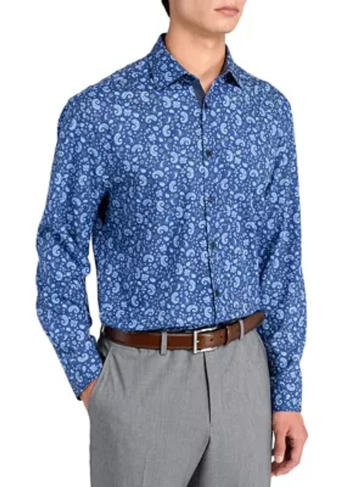 Men's Slim Fit Navy Paisley Performance Stretch Dress Shirt