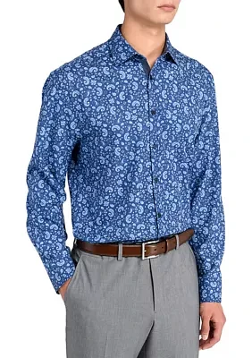 Men's Slim Fit Navy Paisley Performance Stretch Dress Shirt