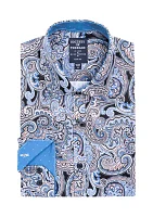 Men's Slim Fit Navy Swirl Paisley Performance Stretch Dress Shirt