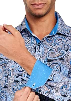 Men's Slim Fit Navy Swirl Paisley Performance Stretch Dress Shirt