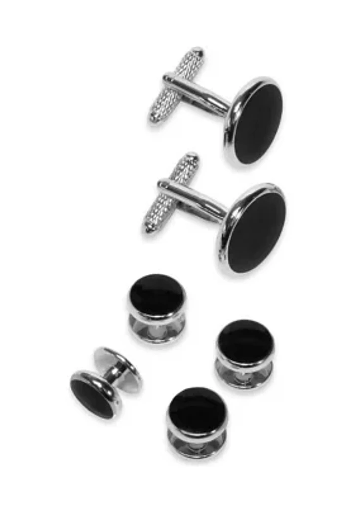 Silver Tone Black Cuff Link Stud Set