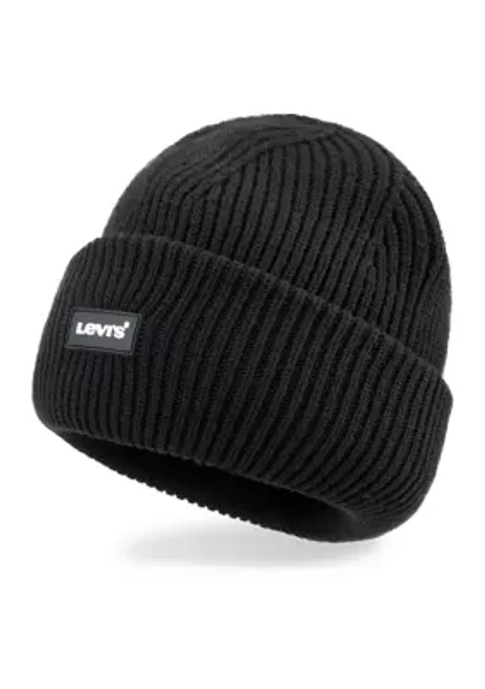 Knit Rolled Cuff Beanie with Rubber Logo