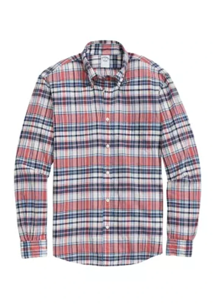 Washed Cotton Madras Button-Down Collar Sport Shirt