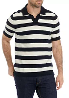 Men's Short Sleeve Johnny Collar Wide Stripe Polo Sweater