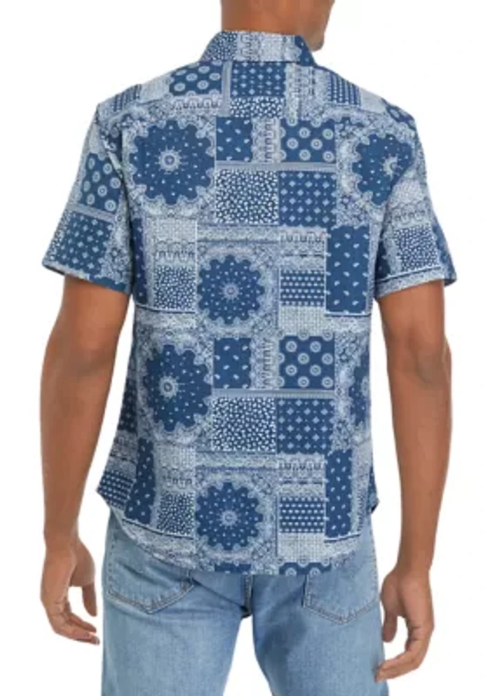 Short Sleeve Flap Pocket Woven Allover Print Shirt