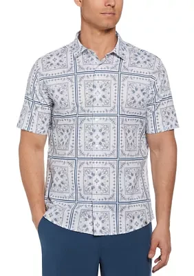 Short Sleeve Bandana Printed Woven Button Down Shirt