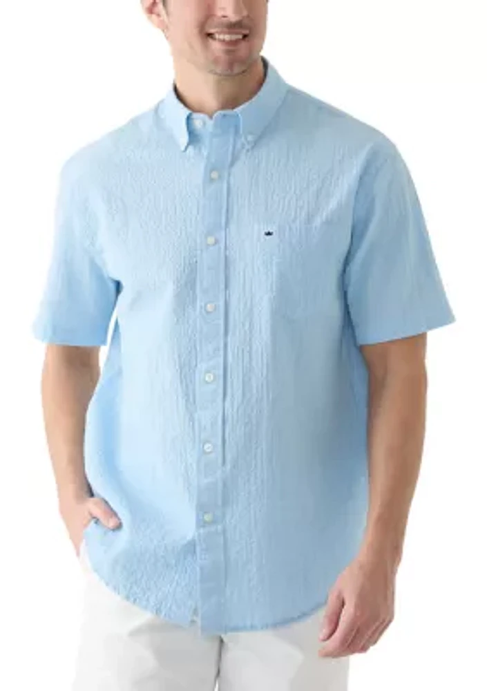 Short Sleeve Solid Crinkle Button Down Shirt