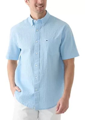 Short Sleeve Solid Crinkle Button Down Shirt