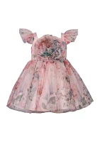 Toddler Girls Floral Printed Mesh Dress with Ruched Bodice