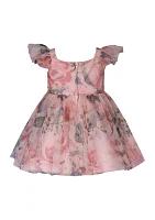 Toddler Girls Floral Printed Mesh Dress with Ruched Bodice