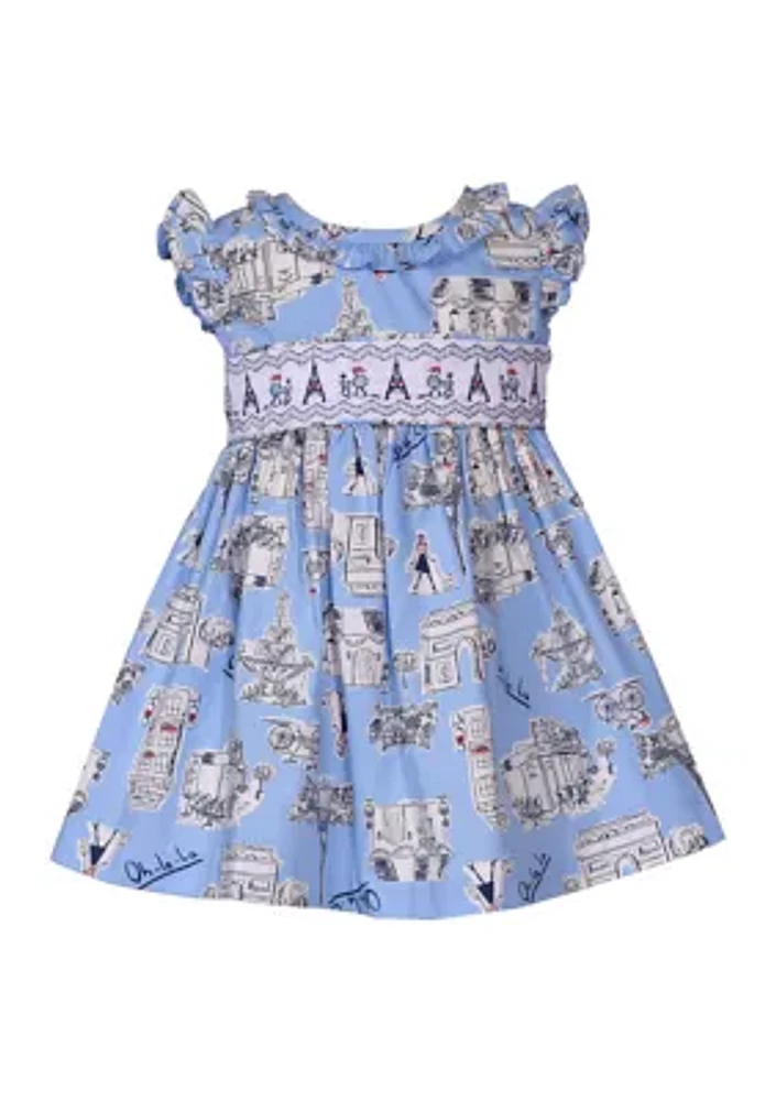 Toddler Girls Paris Print Smock Dress