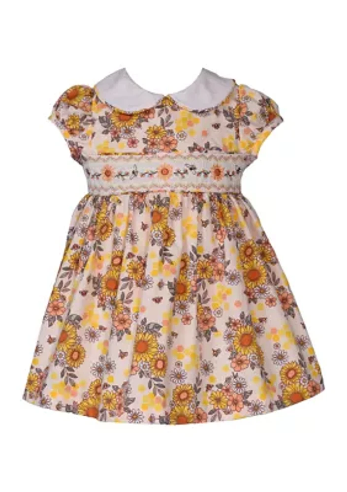 Toddler Girls Sunflower Printed Smocked Dress