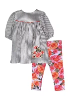 Toddler Girls Striped Embroidered Top and Printed Leggings