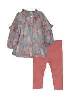 Toddler Girls Smocked Printed Chiffon Top and Solid Leggings Set