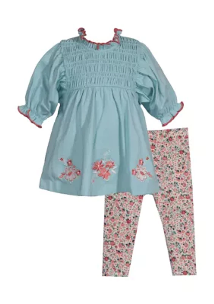 Toddler Girls Smocked Knit Top and Printed Leggings Set