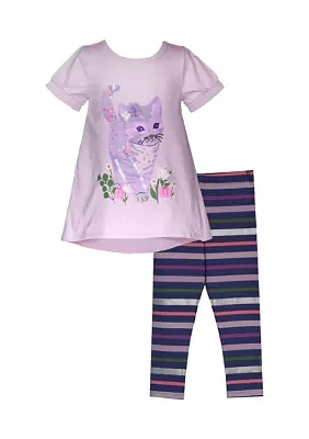 Toddler Girls Glitter Cat Appliqué Top and Printed Leggings Set