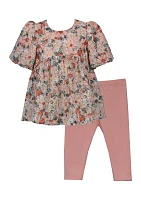 Toddler Girls Floral Printed Eyelet Top and Solid Leggings Set